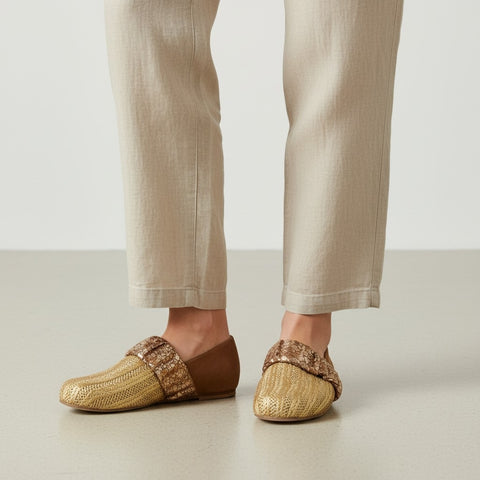 Amos - loafers - rafia - oro- pelle - cuoio