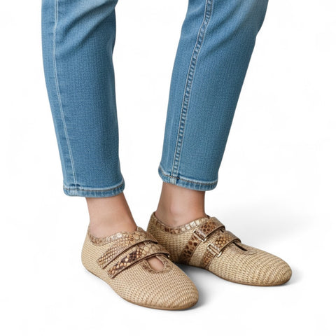 Zeudi - ballerina doppip cinturino - rafia- pelle - coloniale