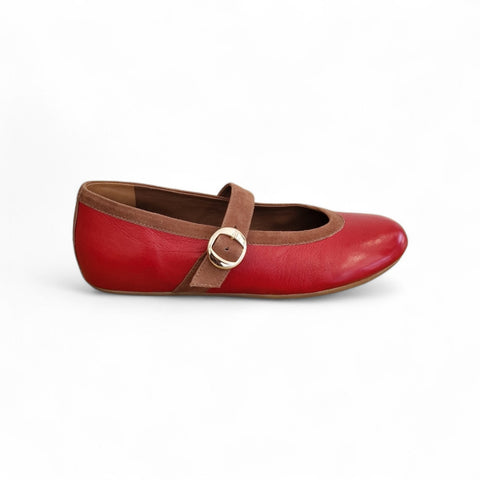 Zeudi - ballerina con cinturino - pelle rosso- tabacco