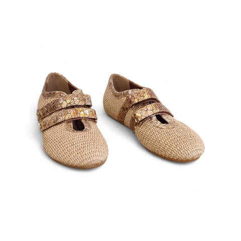 Zeudi - ballerina doppip cinturino - rafia- pelle - coloniale