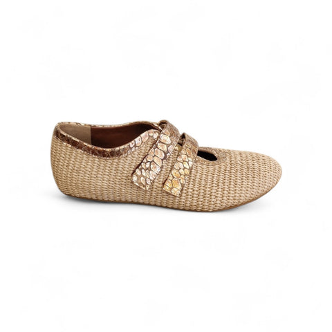 Zeudi - ballerina doppip cinturino - rafia- pelle - coloniale